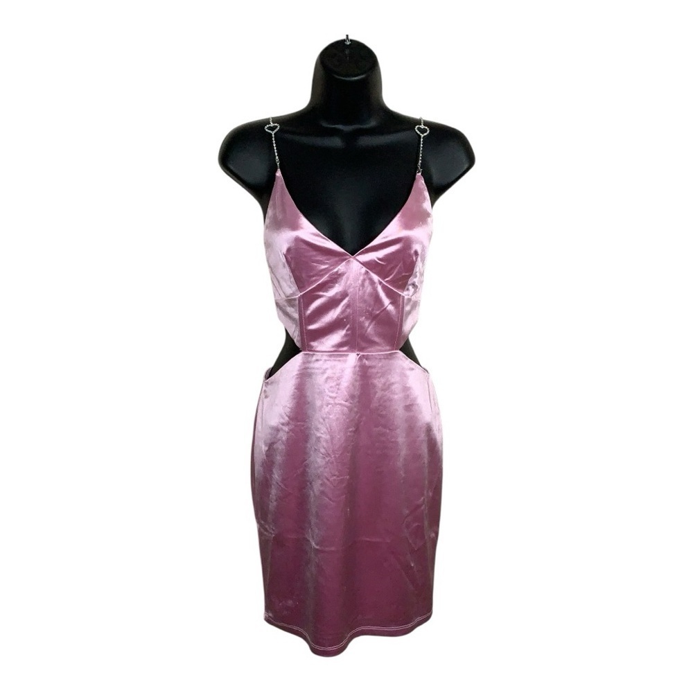 NEW Medium Forever 21 Pink Satin Dress Cutout Design Heart Rhinestone Straps